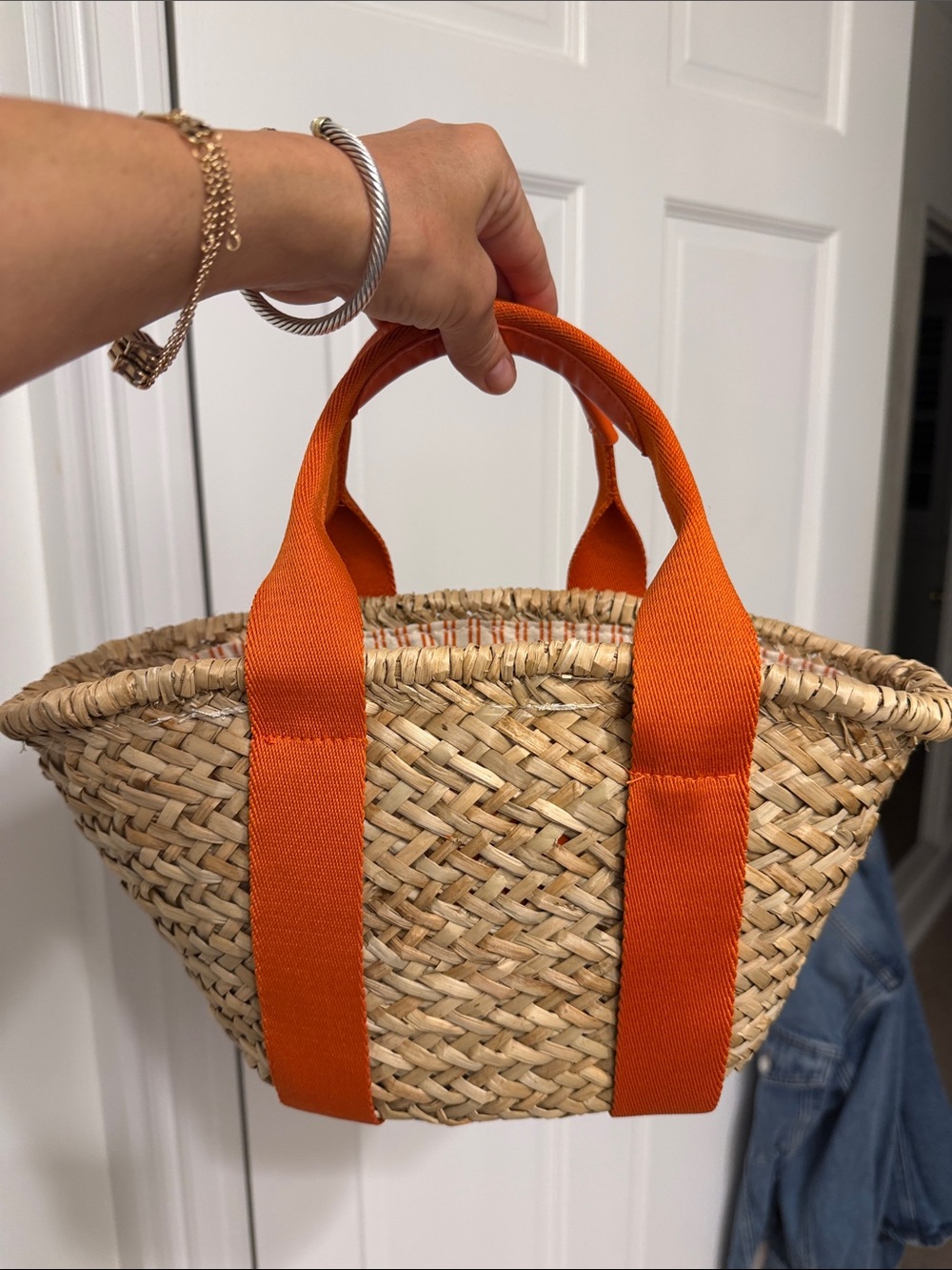 Zara Orange Strap Woven Straw Tote Bag